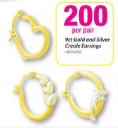 9ct Gold and Silver Creole Earrings-Per Pair