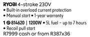 Ryobi 4 Stroke 230V 1200W Petrol Generators 814620