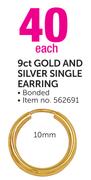 9ct Gold And Silver Single Earring Bonded 10mm-Each
