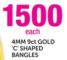 4mm 9ct Gold 'C' Shaped Bangles-Each
