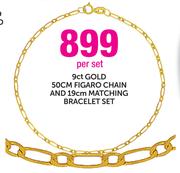 9ct Gold 50cm Figaro Chain And 19cm Matching Bracelet Set