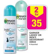 Garnier Ladies Or Men's Deodorant Assorted-2x150ml