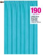 Lined Faux Silk Teal Curtain-230x218cm Per Drop