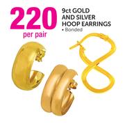 9ct Gold and Silver Hoop Earrings-Per Pair