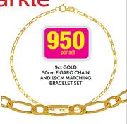 9ct Gold 50cm Figaro Chain and 19cm Matching Bracelet Set-Per Set