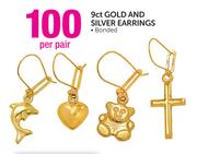 9ct Gold and Silver Earrings-Per Pair