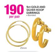 9ct 25mm Gold and Silver Hoop Earrings-Per Pair