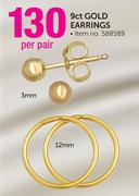9ct Gold 3mm & 12mm Earrings-Per Pair