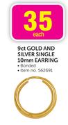 9ct Gold And Silver Single 10mm Earring Bonded Each