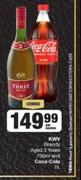 KWV Brandy Aged 3 Years 750ml & Coca Cola 1L-Per Combo