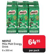 Nestle Milo Malt Energy Drink-6 x 200ml Per Pack