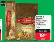 Fatti's & Moni's Wholewheat Spaghetti Or Macaroni-500g Each