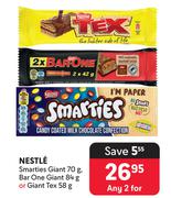 Nestle Smarties Giant 70g, Bar One Giant 84g, Or Giant Tex 58g-For Any 2