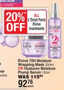 L'Oreal Elvive 72H Moisture Wrapping Mask 300ml Or Hyaluron Moisture Plump Serum 150ml-Each