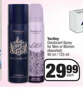 Yardley Deodorant Spray For Men Or Women Assorted-90ml/125ml Each