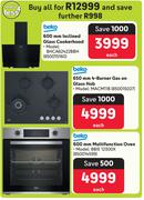 Beko 600mm Inclined Glass Cookerhood+650mm 4 Burner Gas On Glass Hob+600mm Multifunction Oven-For Al