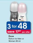 Dove Roll On For Men Or Women-3 x 50ml 
