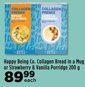 Happy Being Co. Collagen Bread In A Mug Or Strawberry & Vanilla Porridge-200g Each