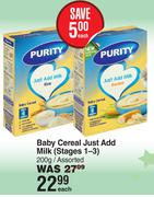Purity Baby Cereal Just Add Milk (Stages 1-3) Assorted-200g