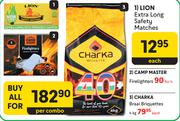 Lion Extra Long Safety Matches, CampMaster Firelighters(For 4) & Chakra Braai Briquettes 4Kg-For All