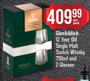 Glenfiddich 12 Year Old Single Malt Scotch Whisky-750ml & 2 Glasses-Per Pack