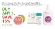 Oh Lief Natural Olive Baby Shampoo & Wash 400ml,Natural Olive Baby Wax 125ml & Sunscreen Stick 30ml