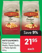 Fatti's & Moni's Pasta Curved Shells, Pasta Quills Or Pasta Spirals-500g Each
