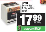 Spar Serviettes 1Ply (White)-100's Per Pack