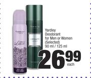 Yardley Deodorant For Men Or Woman (Selected)-90ml/ 125ml Each