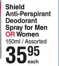 Shield Anti Perspirant Deodorant Spray For Men Or Women Assorted-150ml Each