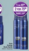Lentheric Solo Energy Body Spray Assorted-For 2 x 250ml