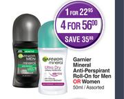 Garnier Mineral Anti Perspirant Roll On For Men Or Women Assorted-For 4 x 50ml