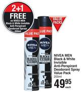 Nivea Men Black & White Invisible Anti Perspirant Deodorant Spray Value Pack-200ml Each