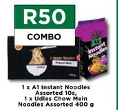 1 x A1 Instant Noodles Assorted 10s, 1 x Udles Chow Mein Noodles Assorted 400g-Combo