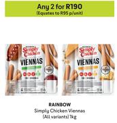 Rainbow Simply Chicken Viennas (All Variants)-For Any 2 x 1Kg