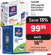 Clover UHT Long Life Full Cream Or Low Fat Milk-6 x 1Ltr