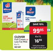 Clover Full Cream Or Low Fat Milk-6 x 1L