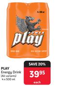 Play Energy Drink (All Variants)-4 x 500ml Each