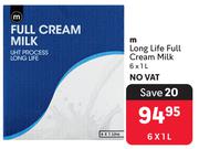 M Long Life Full Cream Milk-6 x 1L
