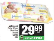 Johnson's Baby Wipes Sensitive 56s Or Gentle 72s