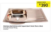 Stainless Steel Kitchen Sink 1 Square Bowl 1 Drain-75cm x 40cm