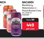 Bacardi Blackberry, Watermelon Or Peach Breezer Cans-24 x 440ml Per Case