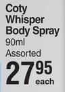 Coty Whisper Body Spray Assorted-90ml Each