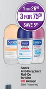 Sanex Anti Perspirant Roll On For Men Or Women Assorted-For 3 x 50ml
