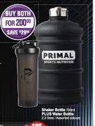 Primal Shaker Bottle 750ml Plus Water Bottle 2.2L Assorted Colours-Both For
