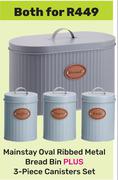 Mainstay Oval Ribbed Metal Bread Bin Plus 3-Piece Canister Set-For Both