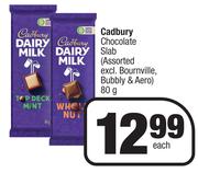 Cadbury Chocolate Slab (Assorted Excl.Bournville,Bubbly & Aero)-80g Each