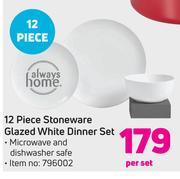 Always Home 12 Piece Stoneware Glazed White Dinner Set-Per Set