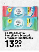 Lil-Lets Essential Pantyliners Scented Or Unscented-20s/25s Each