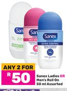 Sanex Ladies Or Men's Roll On Assorted-For Any 2 x 50ml